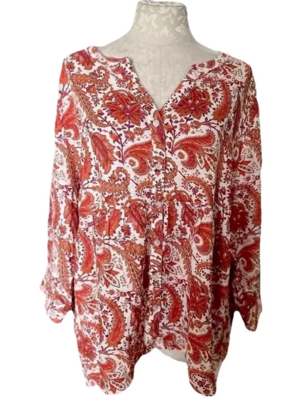 Cynthia Rowley Orange Paisley Linen Blend Babydoll Tunic Blouse plus Size 2X
